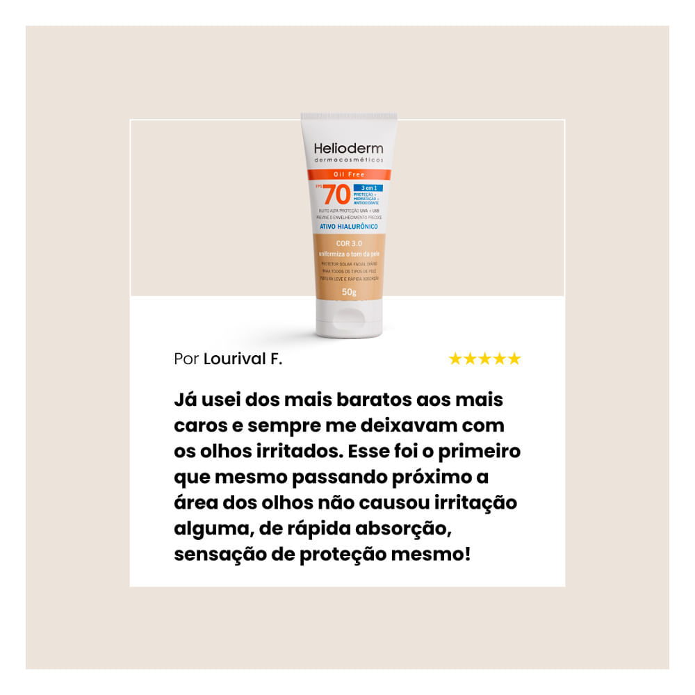 Detalhes do Protetor Solar Facial Helioderm Oil Free 3 em 1 FPS 70 Cor Bege Médio 50g