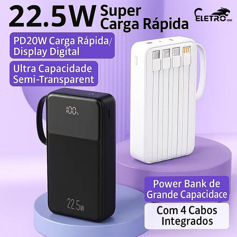 Carregador Portátil Portátil grande 30000mah–Carregamento Rápido,4 Cabos Integrados e Tela LCD Inteligente,com Uma Tocha
