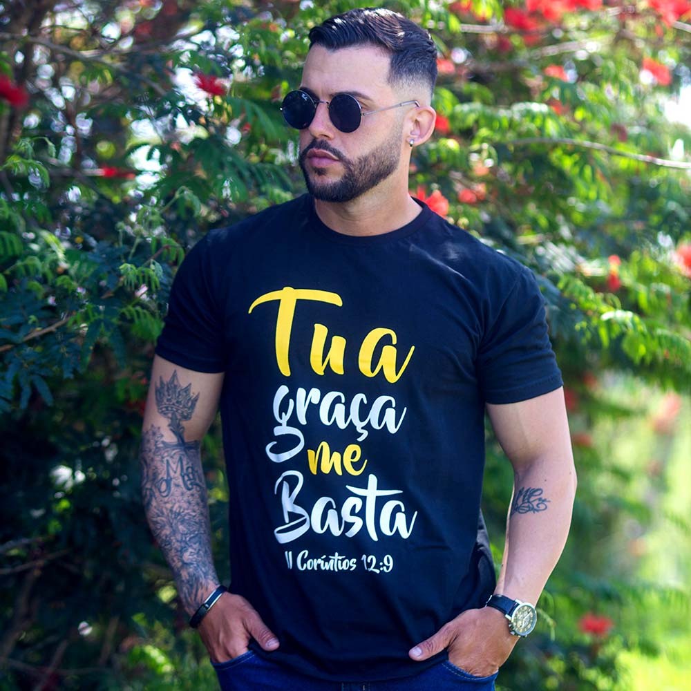 Camiseta Estampada DTF Algodão Preta Gospel Evangélica Cristã Jesus Igreja Versículo Tua Graça Me Basta 2 Coríntios 12