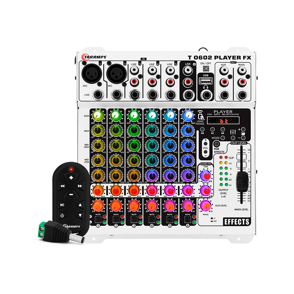 MESA DE SOM AUTOMOTIVO TARAMPS T 0602 PLAYER FX MULTICOLOR MIXER EQUALIZADOR 6 IN 2 OUT