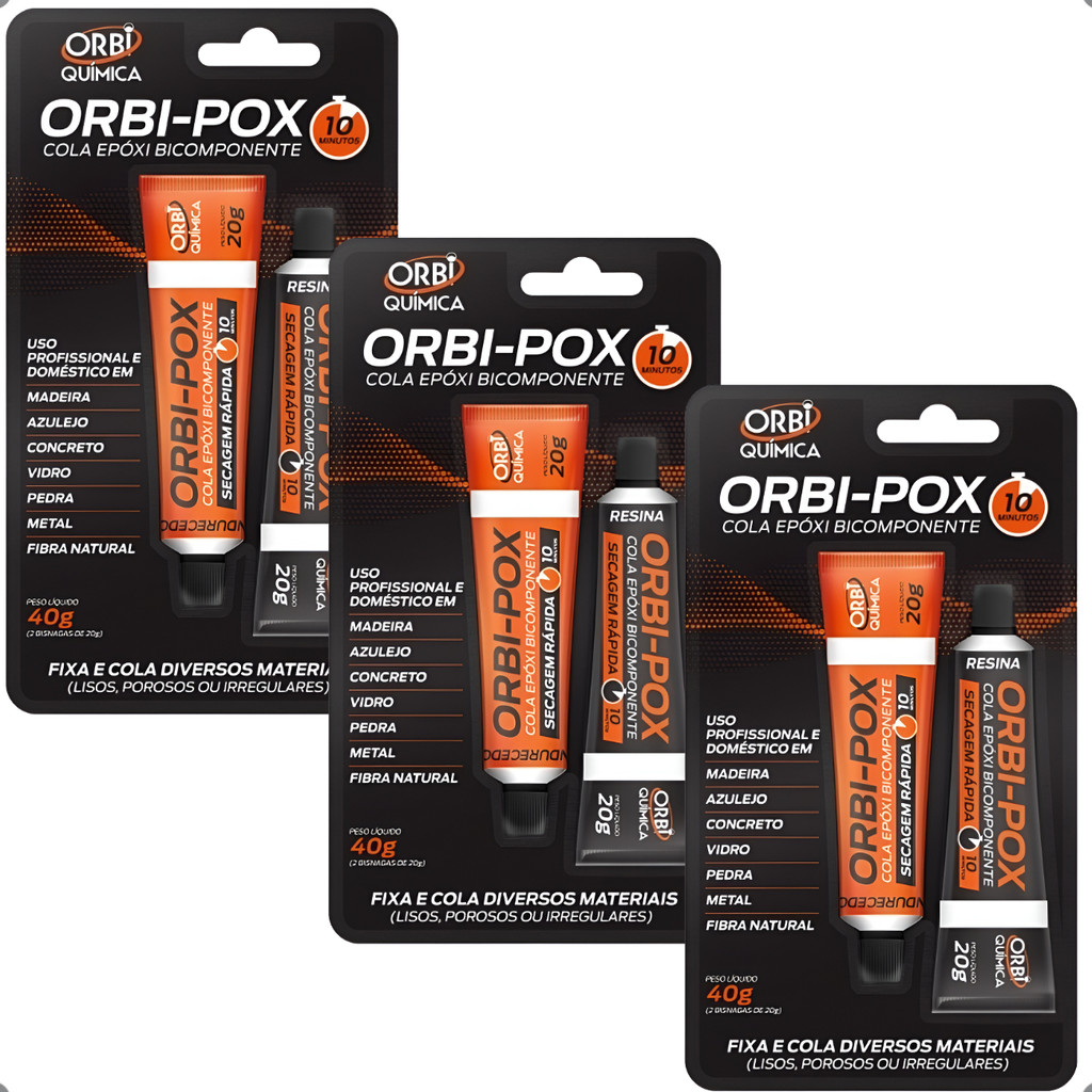 Kit 3 Cola Epóxi Bicomponente Orbi-Pox 10 Minutos 40g Orbi Química Adesivo Metal Vidro Madeira