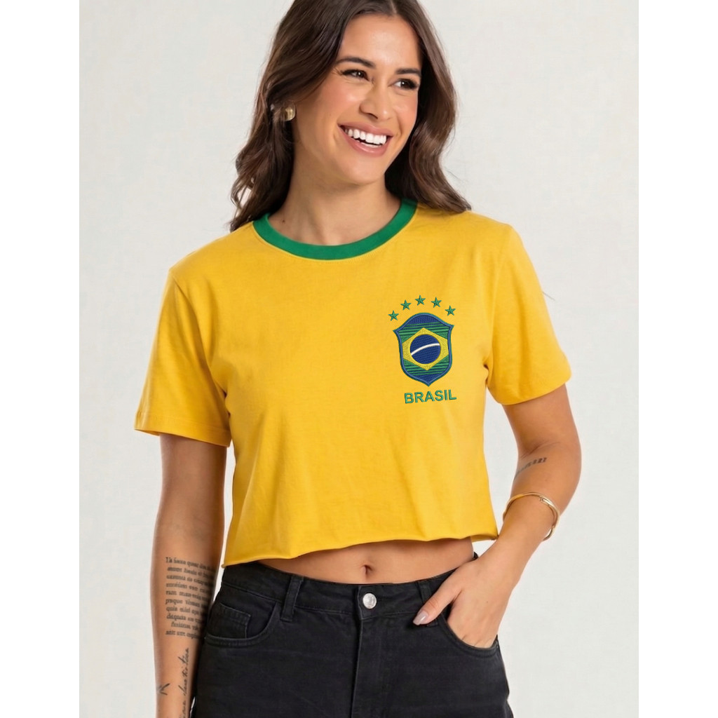 Cropped Feminino Brasil 100% Algodão Estampado Blusa Pequena Manga Oversized Estampado Torcedor Copa