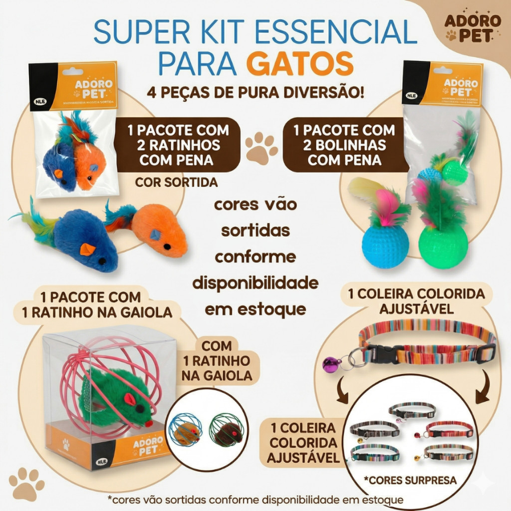Kit Brinquedos Pet Para Gatos 4 Peças Ratinhos Bolinhas Pena Gaiola Coleira Ajustável Guizo