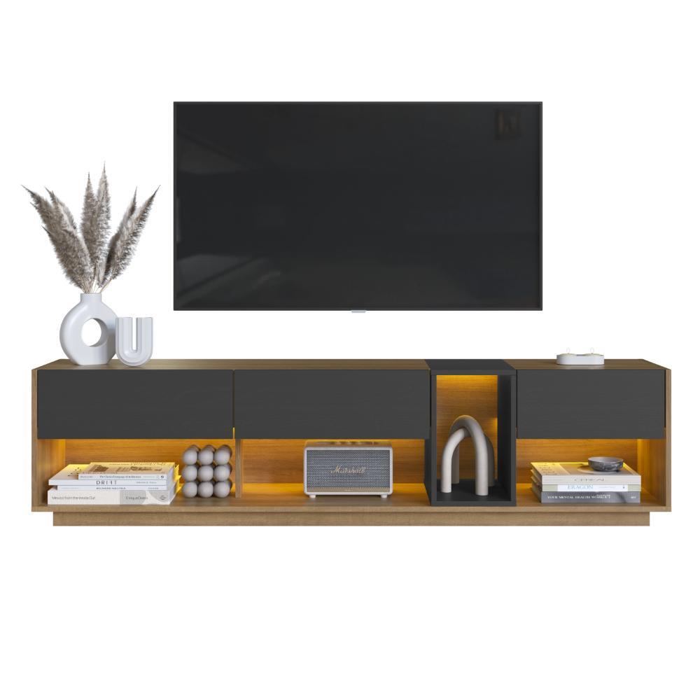 Rack para Sala Tv até 65 Polegadas com 3 Gavetas e 1 Nicho com Iluminação em Led RGB Mel/Grafite