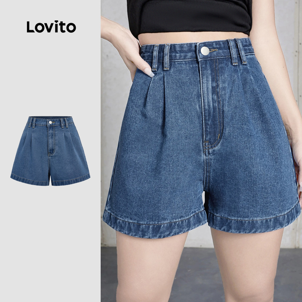 Lovito Shorts de Ganga Casuais com Bolsos e Pregas Primavera/verão Azul L183AD25