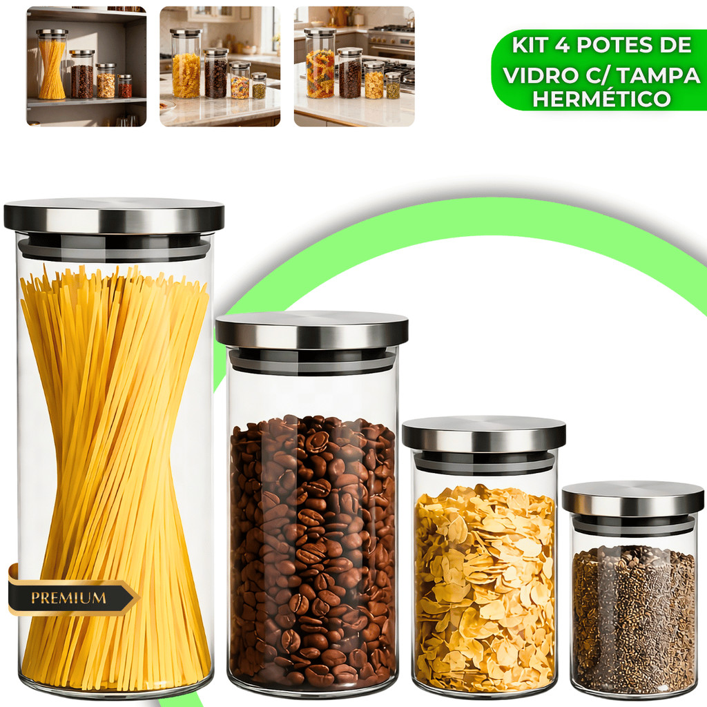 Conjunto 4 Potes De Vidro Herméticos Tampa Inox Organizador Jogo Porta Mantimento Cereais Cozinha