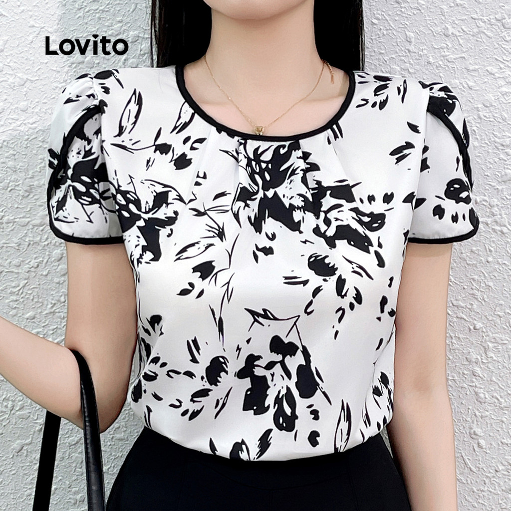 Lovito Elegante Blusa de Flores com Bloco de Cores para Primavera/verão para Mulheres L138ED335