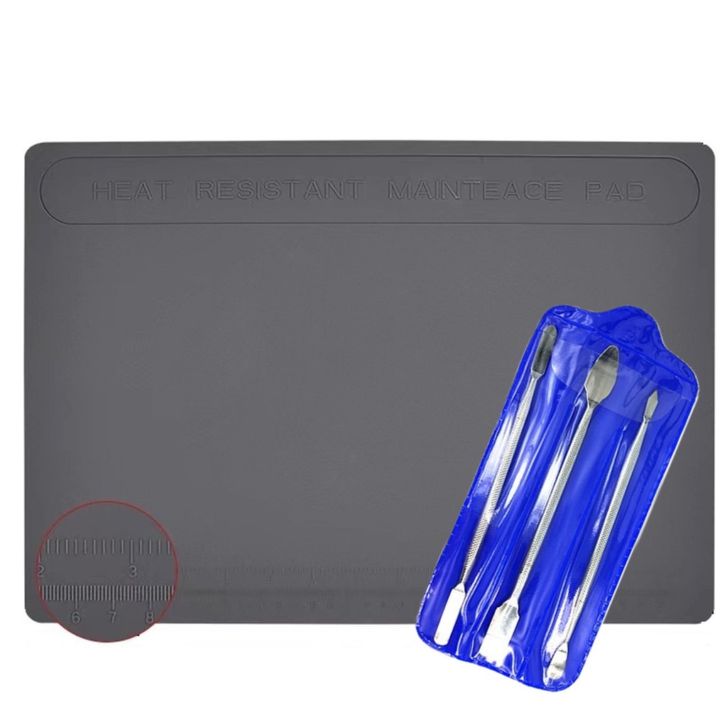 Tapete Silicone Manta Estação Eletrônica e Soldagem Tam:28x41cm Cinza + Espátulas 6 Pontas Inox
