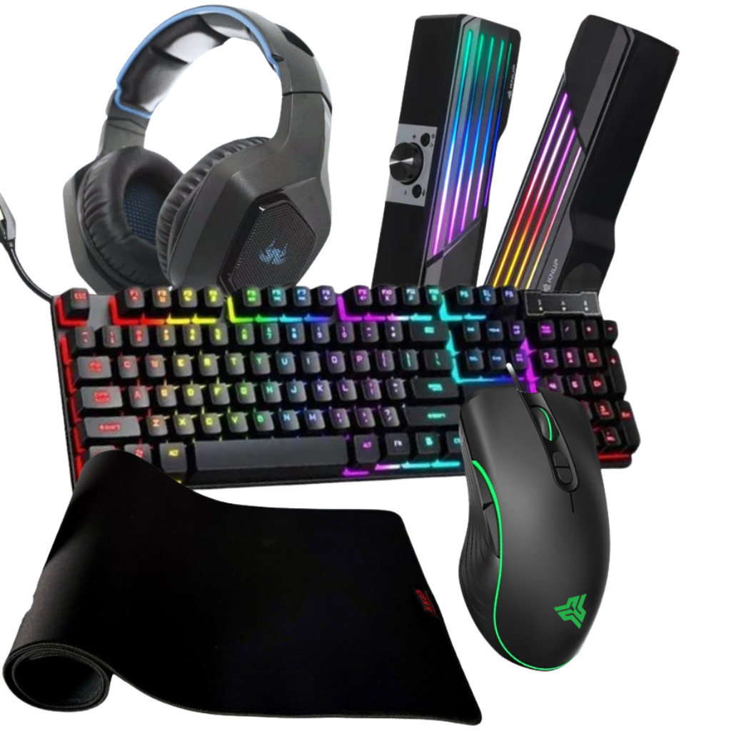 Kit Teclado e Mouse Gamer Com Fio RGB + Caixa de Som Pc RGB + Headphone e Mouse Pad Profissional