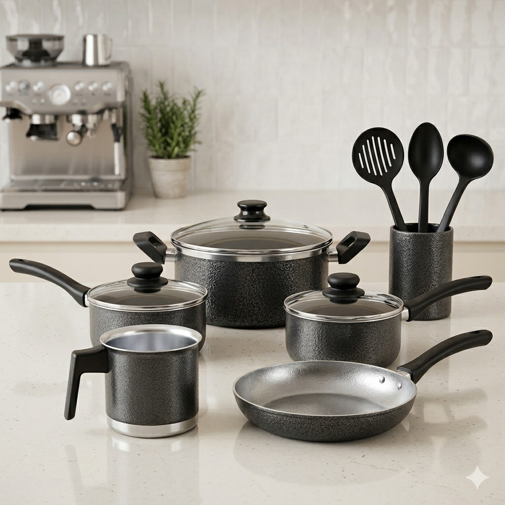 Conjunto de Panelas com 5 Peças Tampa de Vidro Kit Cozinha Completa Frigideira Leiteira Panelas + kit com 3 espátulas