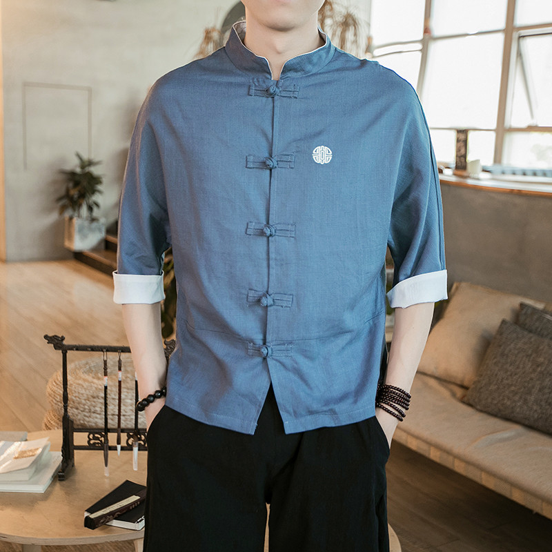 Retro estilo chinês masculino Hanfu manga três quartos camisa de linho de algodão solta tamanho grande república da Chin