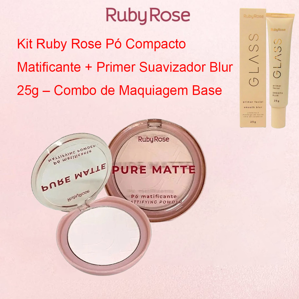 Kit Ruby Rose Pó Compacto Matificante HBM402 + Primer Facial Smooth Blur 25g Maquiagem Pele