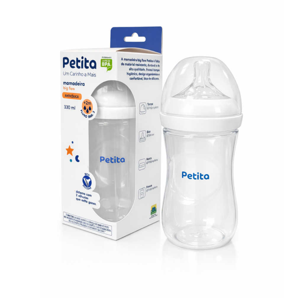 Mamadeira Bico Silicone PETITA BIG FLOW PETALA 330ml Anticólica +2M | BPA Free BEBE