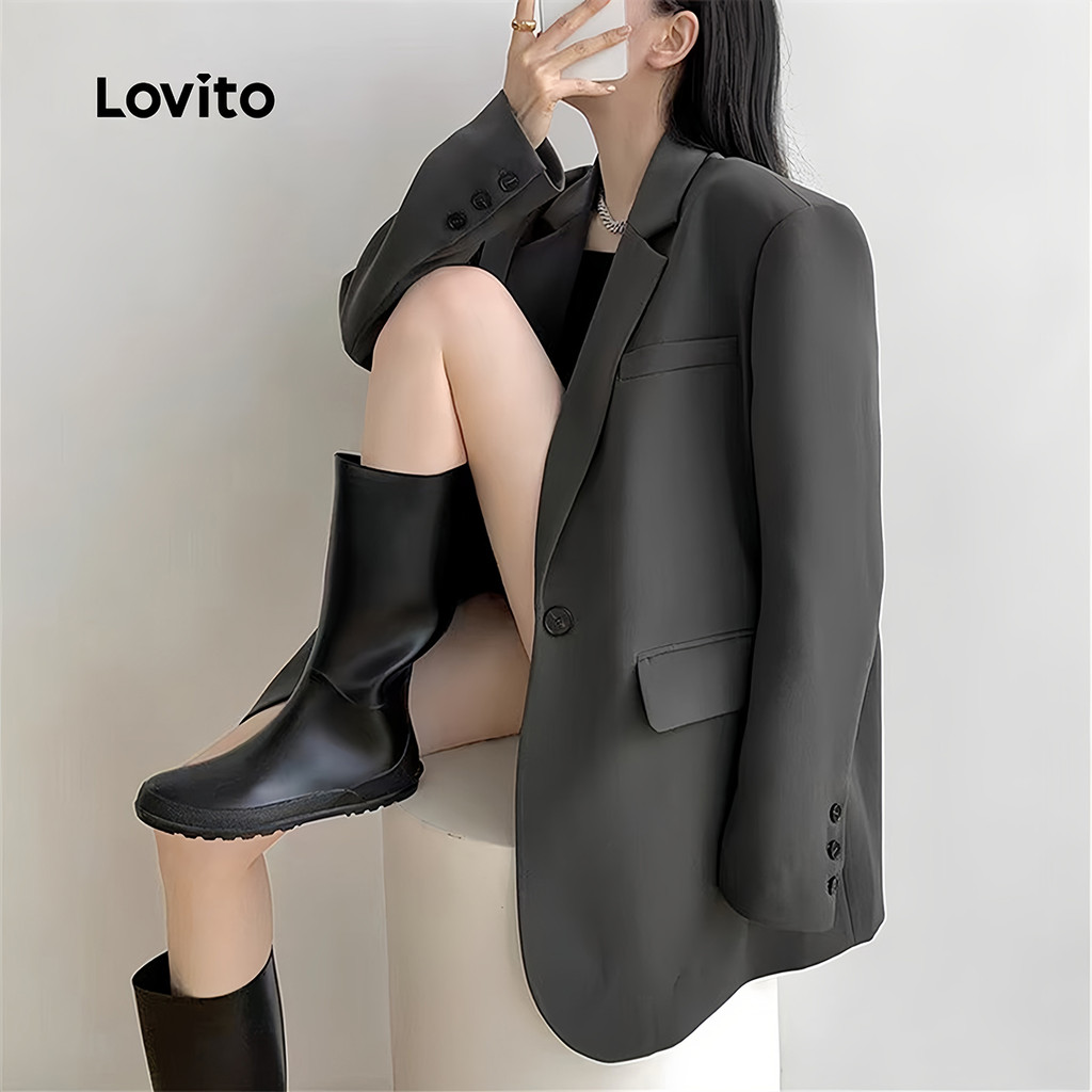 Lovito Elegante Blazer Botão Cinza Escuro Outono/inverno para Mulheres LNL141458 em Oferta na Shopee