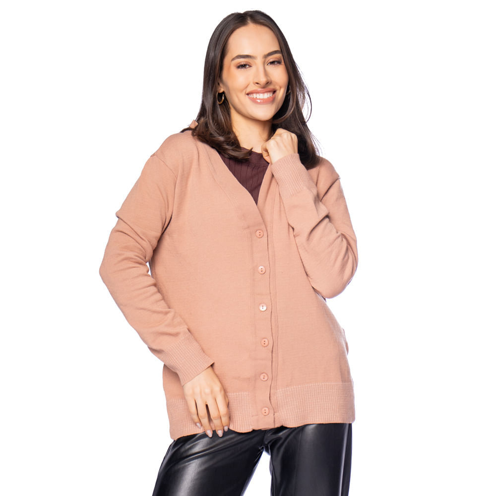 Casaco Feminino Oliveira Malhas Cardigan Tricot Liso Nude