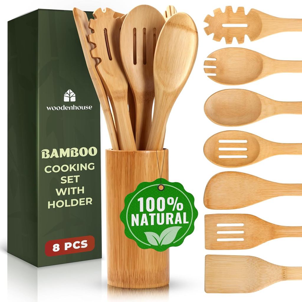 Utensílios de Bambu 7 Peças com Suporte – Conjunto de Utensílios de Cozinha de Bambu + Suporte para Utensílios Antiadere