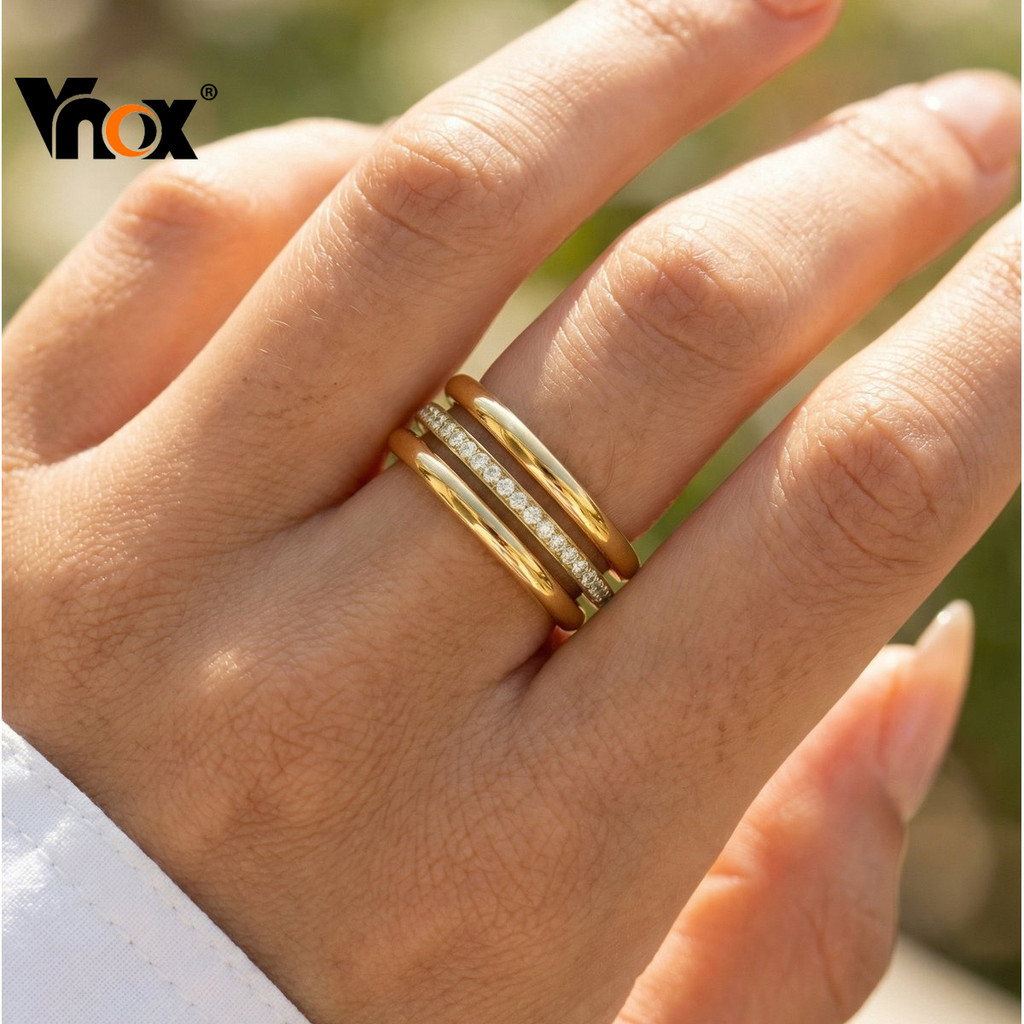 Anel De Casamento Feminino Gamtic Com Vários Anéis Dourados – Tamanho 6-8 , Aço Inoxidável Zircônia Cúbica , Presente De