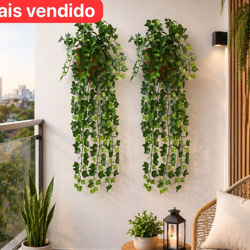 2 Vaso Trançado com 2 Plantas Pendentes EM CADA Artificiais Verde Decorativo Para Parede e Varanda