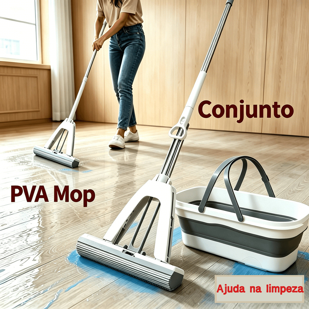 Balde Dobrável Kit PVA Esfregão Esponja - 130cm Cabo, 2Combinação de limpeza Doméstica Completa Noviva