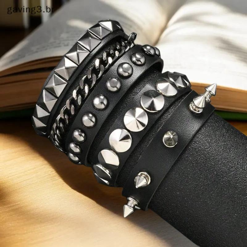 [GAVBR] 1 Conjunto De Pulseiras Punk Para Homens E Mulheres , Gótico , Rebites , Pulseira De Couro , Hip Hop , Festa , J