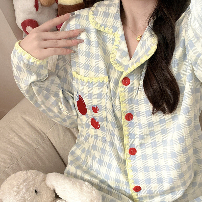 Azul xadrez maçã doce pijamas feminino primavera outono manga comprida terno de duas peças estilo influenciador dos dese