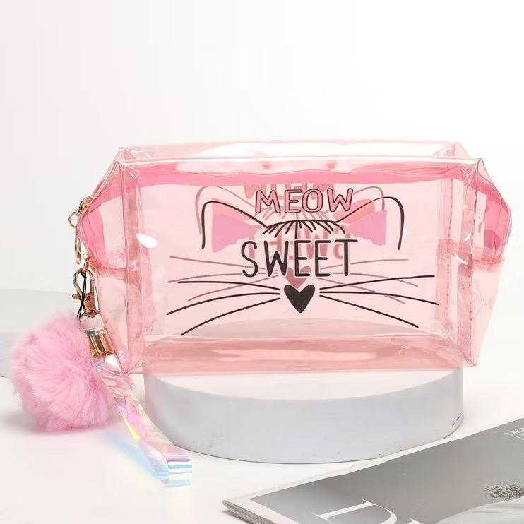 Bolsa Estojo Necessaire Maquiagem Multiuso Transparente Design Gato Fofo com Pompom Pronta Entrega