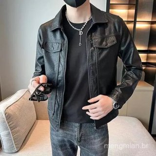 Jaqueta de Couro PU com Lapela, Moda Masculina Nova de Primavera e Outono, Estilo Casual Versátil e Curto em Oferta na Shopee