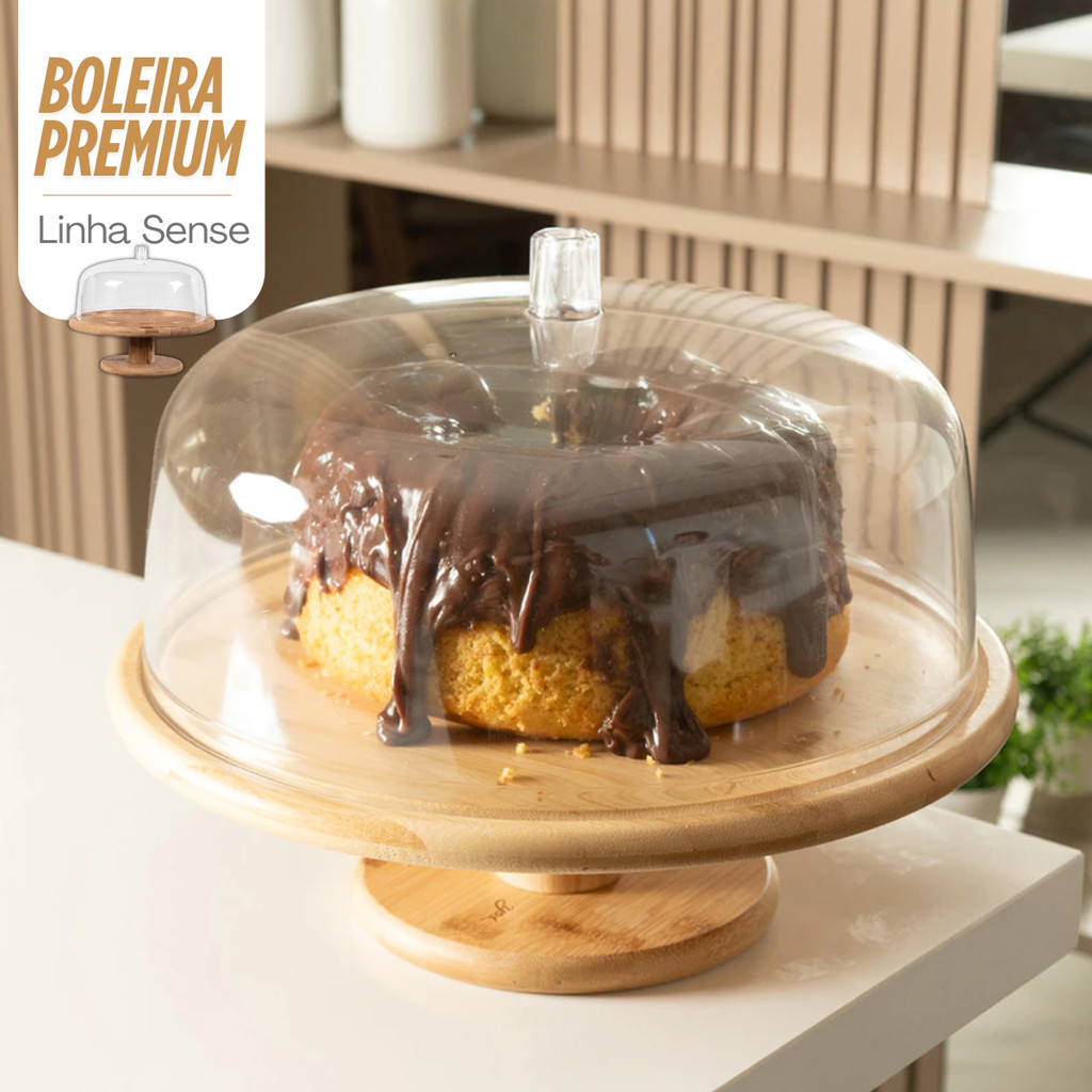 Boleira com Cúpula Pé Alta Tampa 27,5 cm Bambu Decoração Mesa Posta Porta Bolo Sense Ou