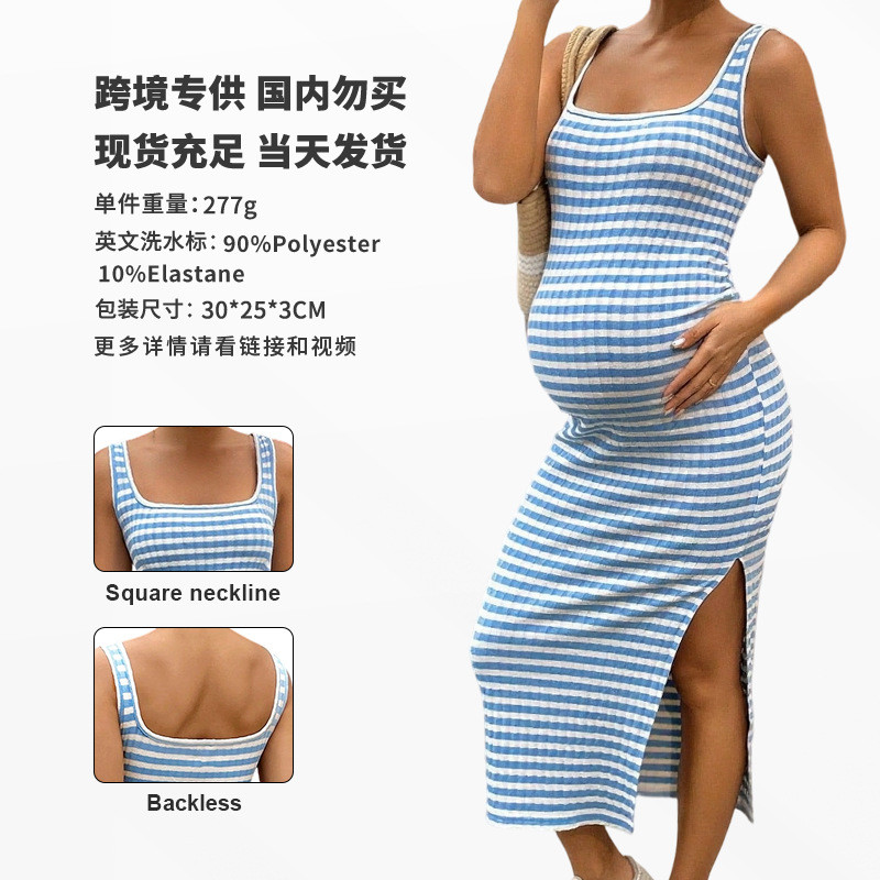 Vestido Bodycon Sem Mangas com Decote Quadrado e Listras Laterais, Ajustado e Sexy, para Gestantes, Verão 2025