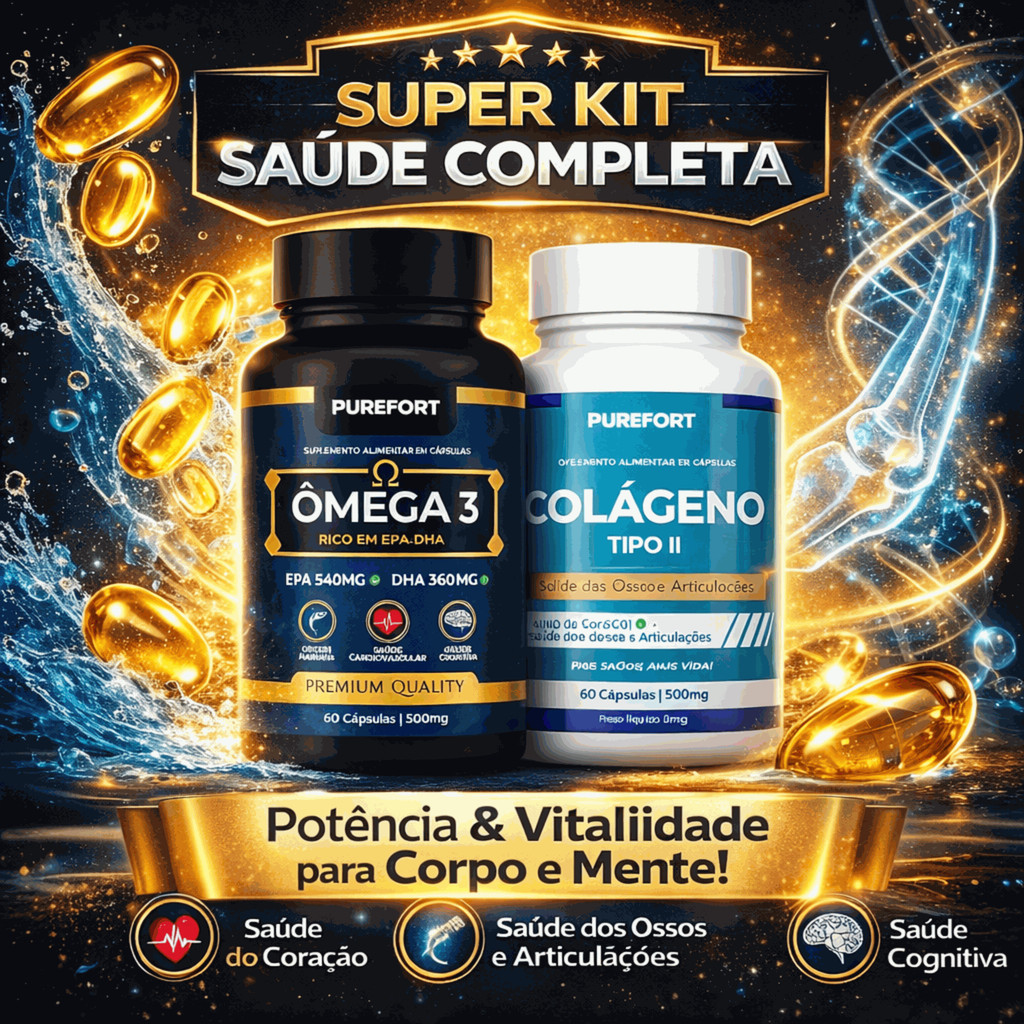 KIT SAÚDE COMPLETA ÔMEGA 3 + COLÁGENO TIPO 2 ARTICULAÇÕES, IMUNIDADE E PROTEÇÃO CELULAR 120 Cáps