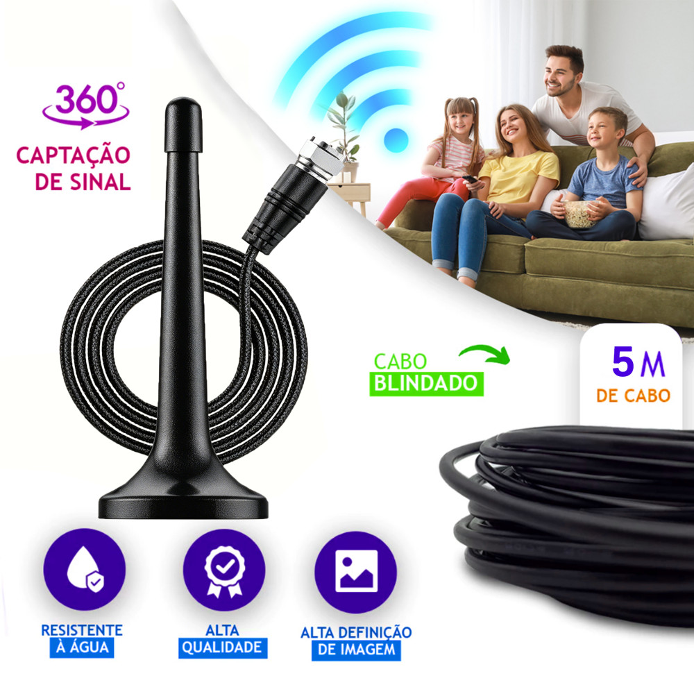 Antena TV Digital Amplificada Interna USB Magnética 1080 HD 4K Sinal Forte para TV Aberta