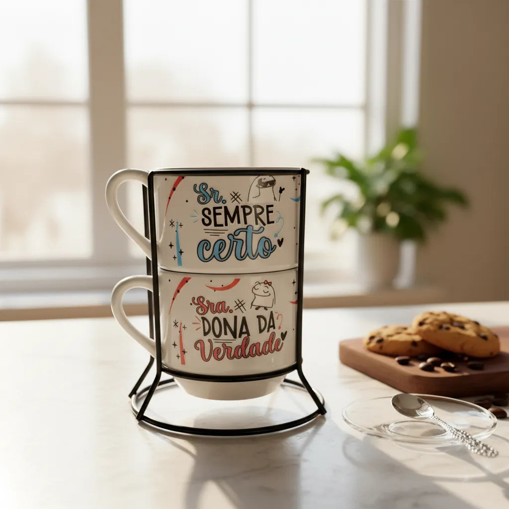 Jogo De Xícaras Casal Empilhavel Café Chá Porcelana Suporte