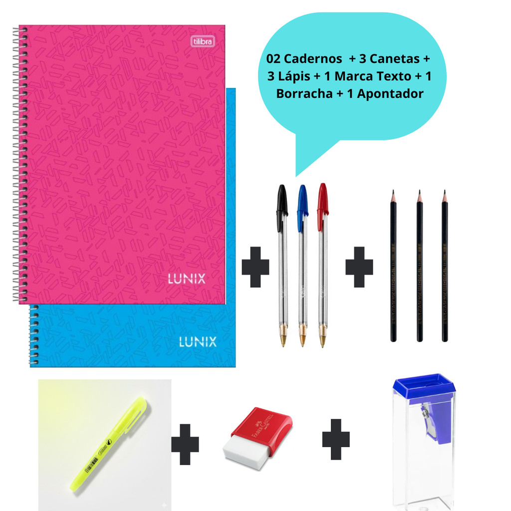 Kit 2 Cadernos 10 Matéria + 3 Canetas + 3 Lápis + 1 Marca Texto + 1 Borracha + 1 Apontador