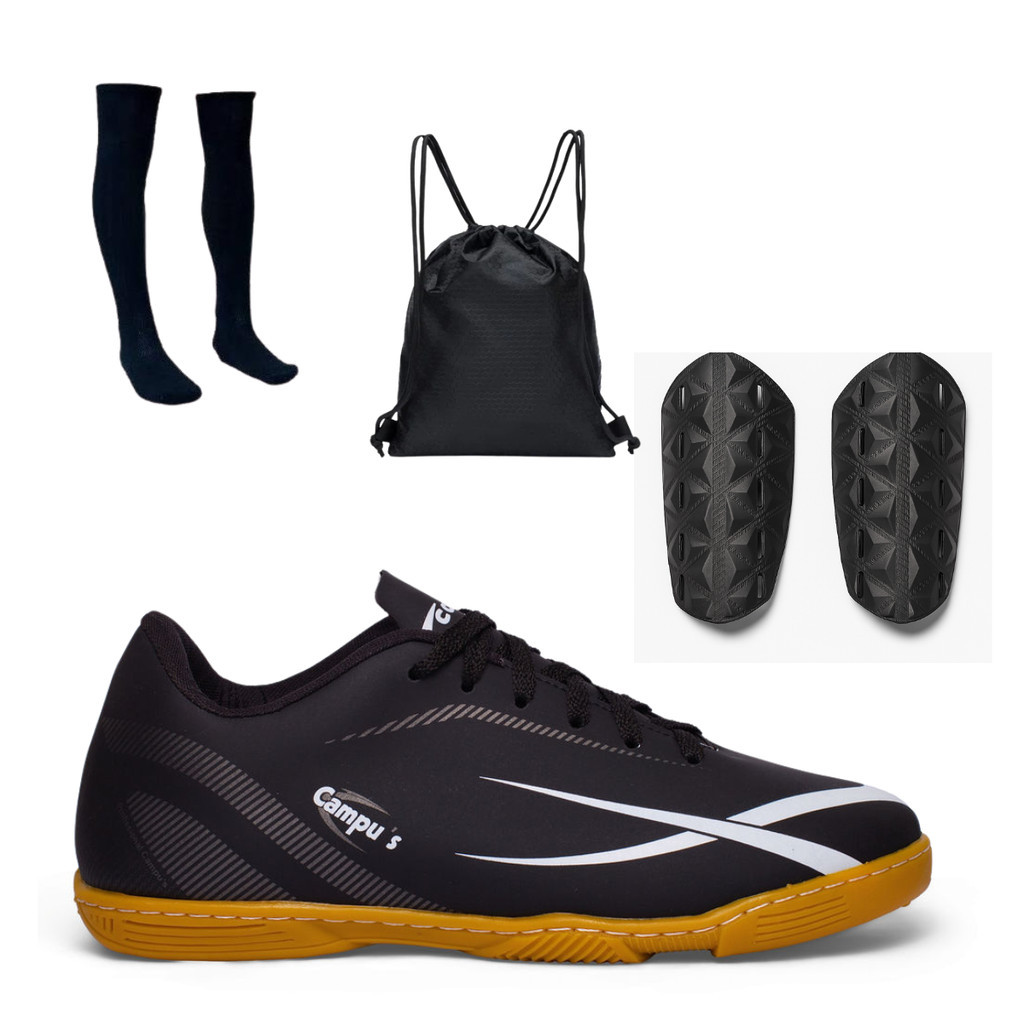 Kit Chuteira Futsal Indoor Caneleira Meião e Mochila Sola Reforçada Quadra Conforto e Estilo