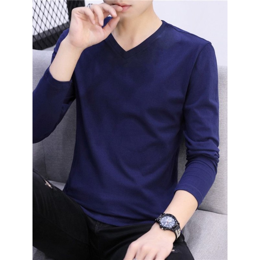 Camiseta masculina de manga comprida da moda com decote em V outono inverno roupas superiores roupas masculinas tamanho