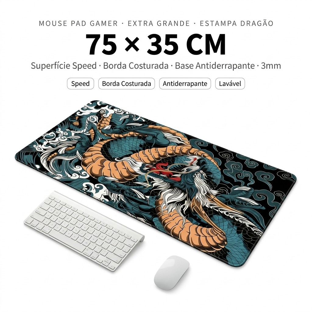 Mouse Pad Gamer Extra Grande 75x35 cm Speed Borda Costurada Dragao Antiderrapante Teclado Mouse