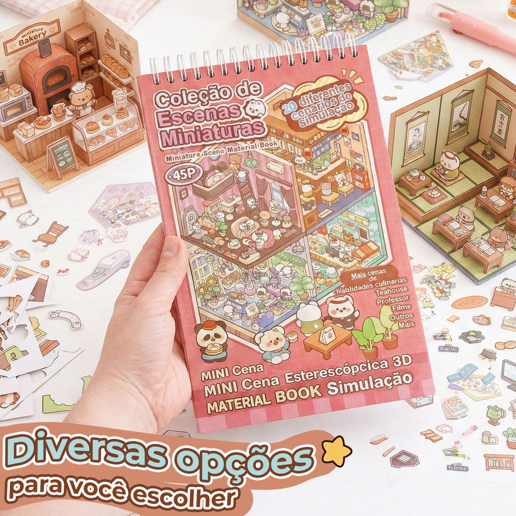 Caderno de Adesivos 3D Reutilizáveis Livro Cenários Kawaii DIY Fofo Com Pinça Scrapbooking Infantil Paisagismo