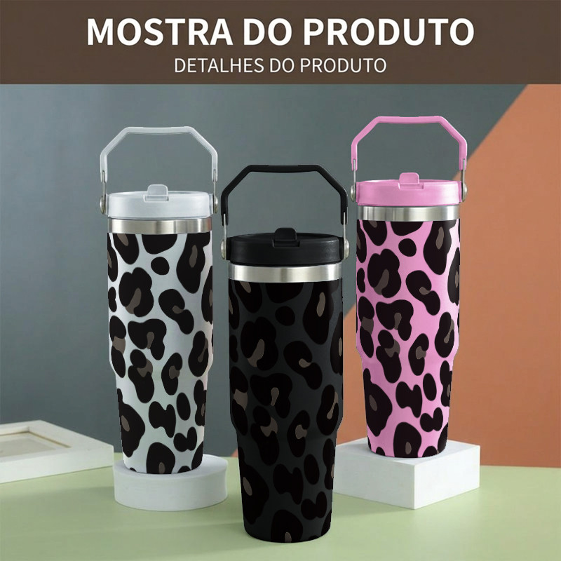 Copo Térmico Portátil De Aço Inoxidável Com Estampa De Leopardo Para Uso Doméstico , Viagem , Grande Capacidade , Canudo