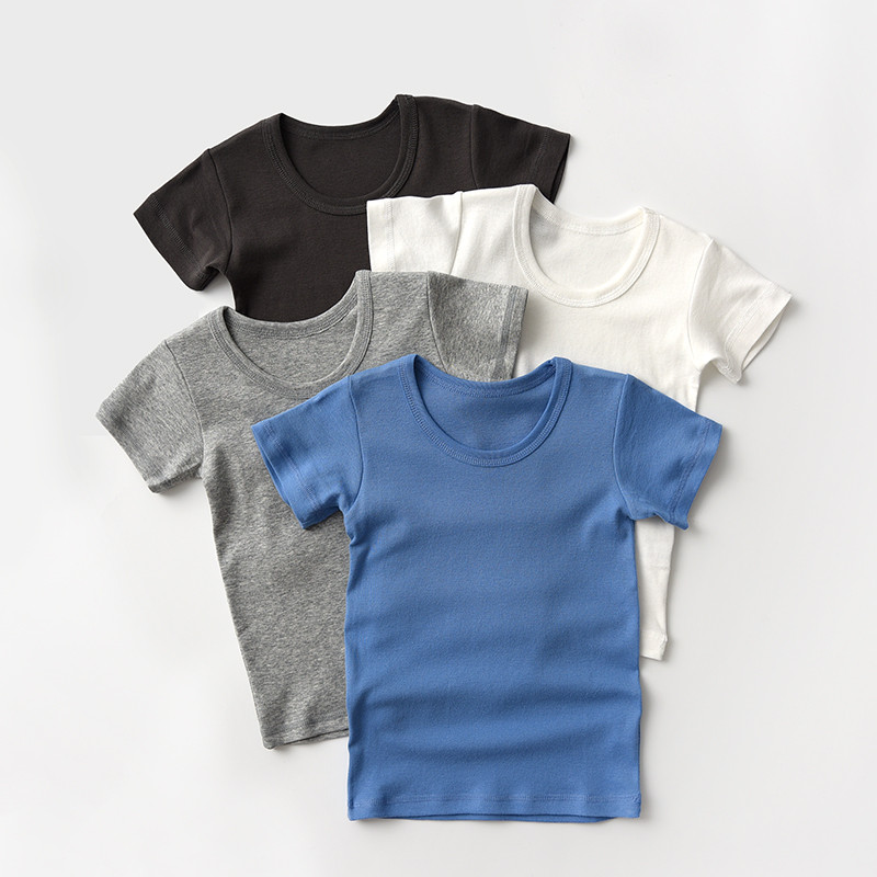 Confortável fácil de usar crianças com nervuras de algodão fino cor sólida camiseta meninos meninas em torno do pescoço 