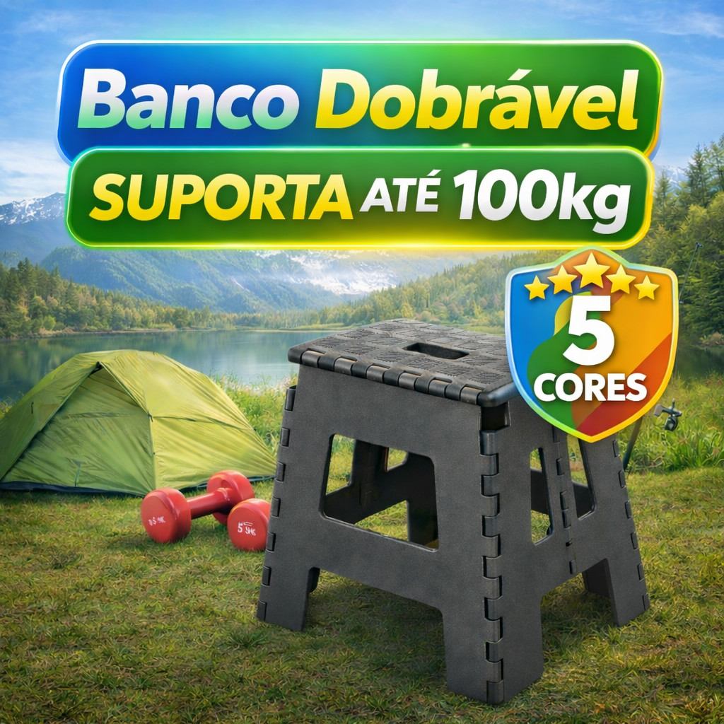 Banco Dobrável Portátil 100kg Compacta Alça Transporte Plástico Reforçado Uso Diário Resistente Retrátil