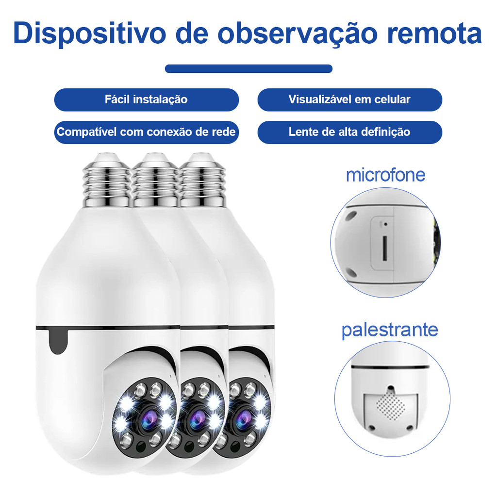 Câmera Lâmpada WiFi 360° Full HD Visão Noturna com Microfone e Alto-Falante Segurança Residencial