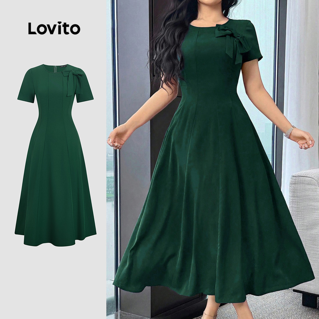 Lovito Elegante Vestido com zíper e laço minimalista primavera/verão vestido verde para mulheres LK3LD423