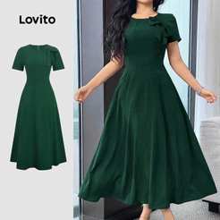 Lovito Elegante Vestido com zíper e laço minimalista primavera/verão vestido verde para mulheres LK3LD423