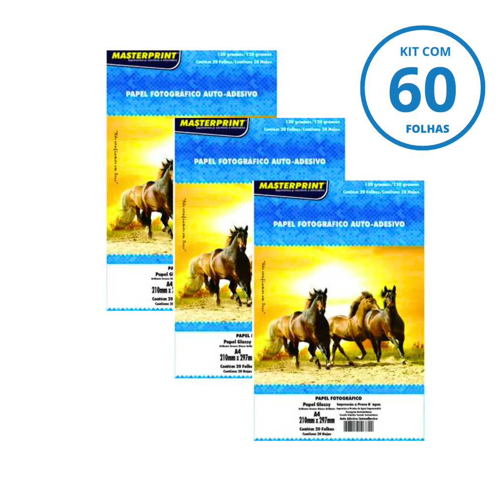 Kit 60 Folhas de Papel Fotográfico A4 Com Adesivo 130g Brilhante - 3 Pacotes c/ 20