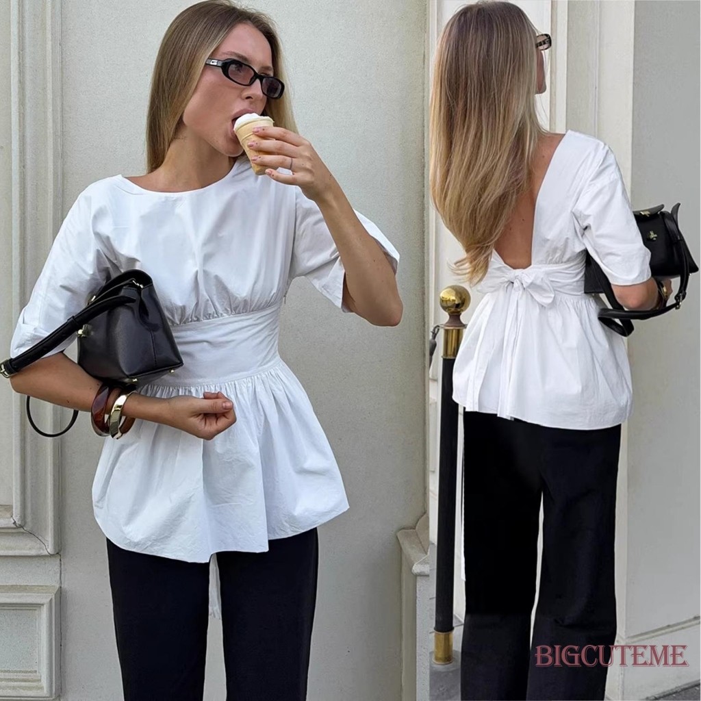 [] – Blusa Feminina Peplum Cor Sólida Sem Costas Bainha Solta Laço Nas Gola Redonda Manga Cotovelo Verão
