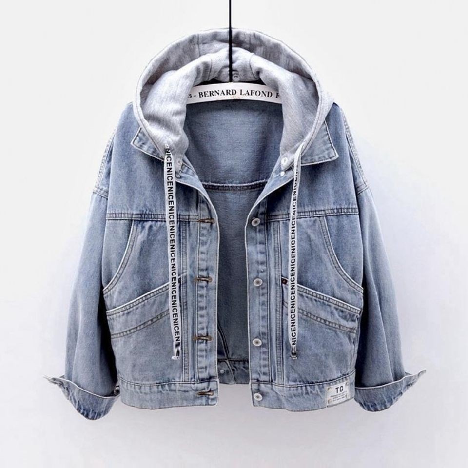 Jaqueta jeans feminina estudante coreano solto jaqueta curta manga comprida jaqueta com capuz Multi-bolso topo ##牛仔外套女学生