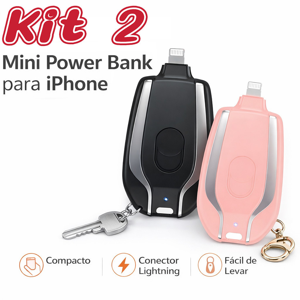 Kit 2 Mini Carregador de Chaveiro Portátil 1500mAh Ultra-Compacto Carregamento Rápido para iPhone