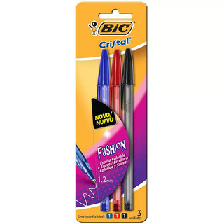Caneta esferográfica Cristal Fashion 1.2 AZ/PT/VM com 3 unidades Bic