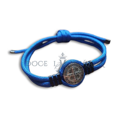 Pulseira de Paracord Azul Ajustável  Medalha São Bento