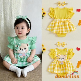 Roupa De Bebê Menina Urso Bordado Xadrez Manga Curta Retalhos Macacão Arco Bandana em Oferta na Shopee